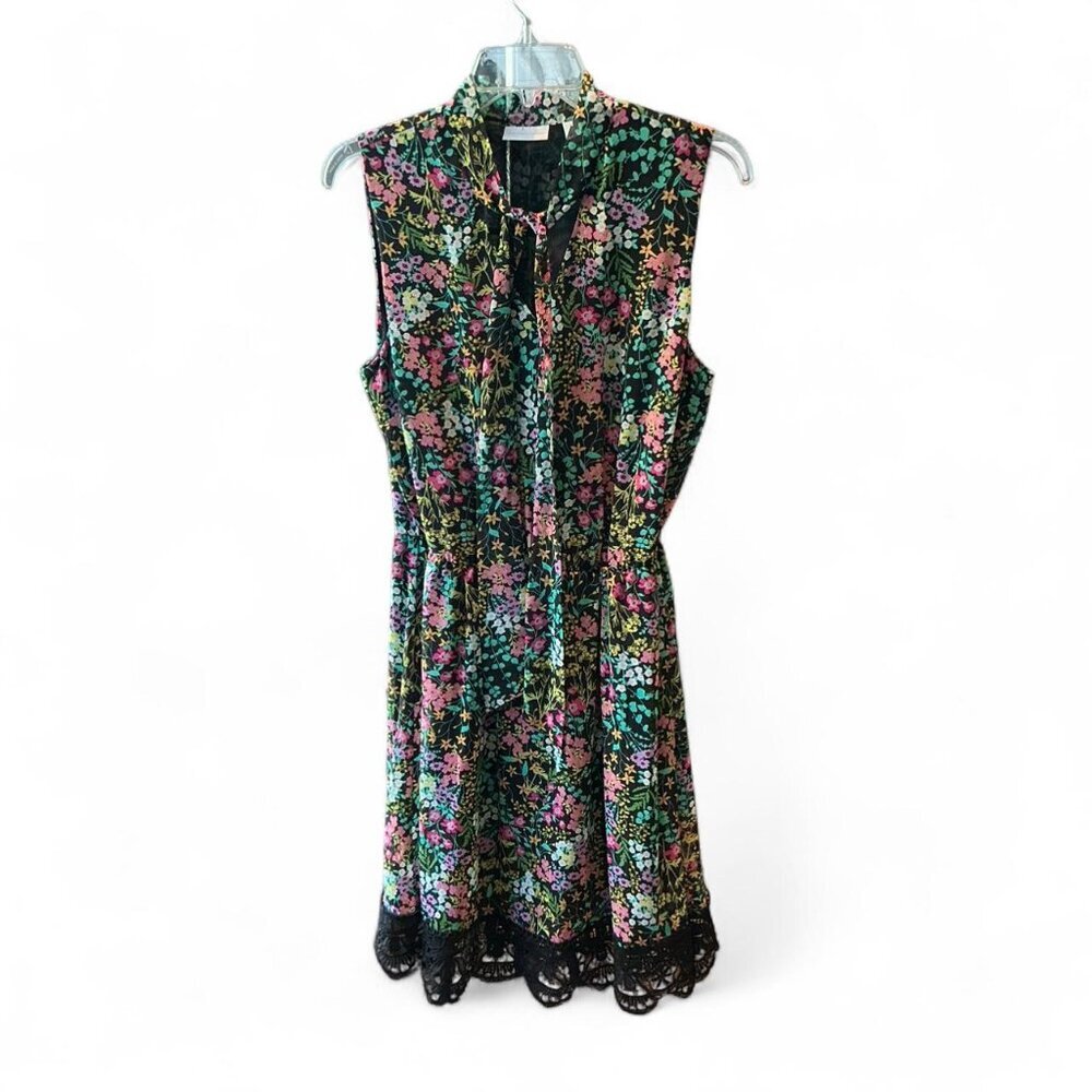 Black Multi-colored floral lace dress with black lace trim and tie neck Medium